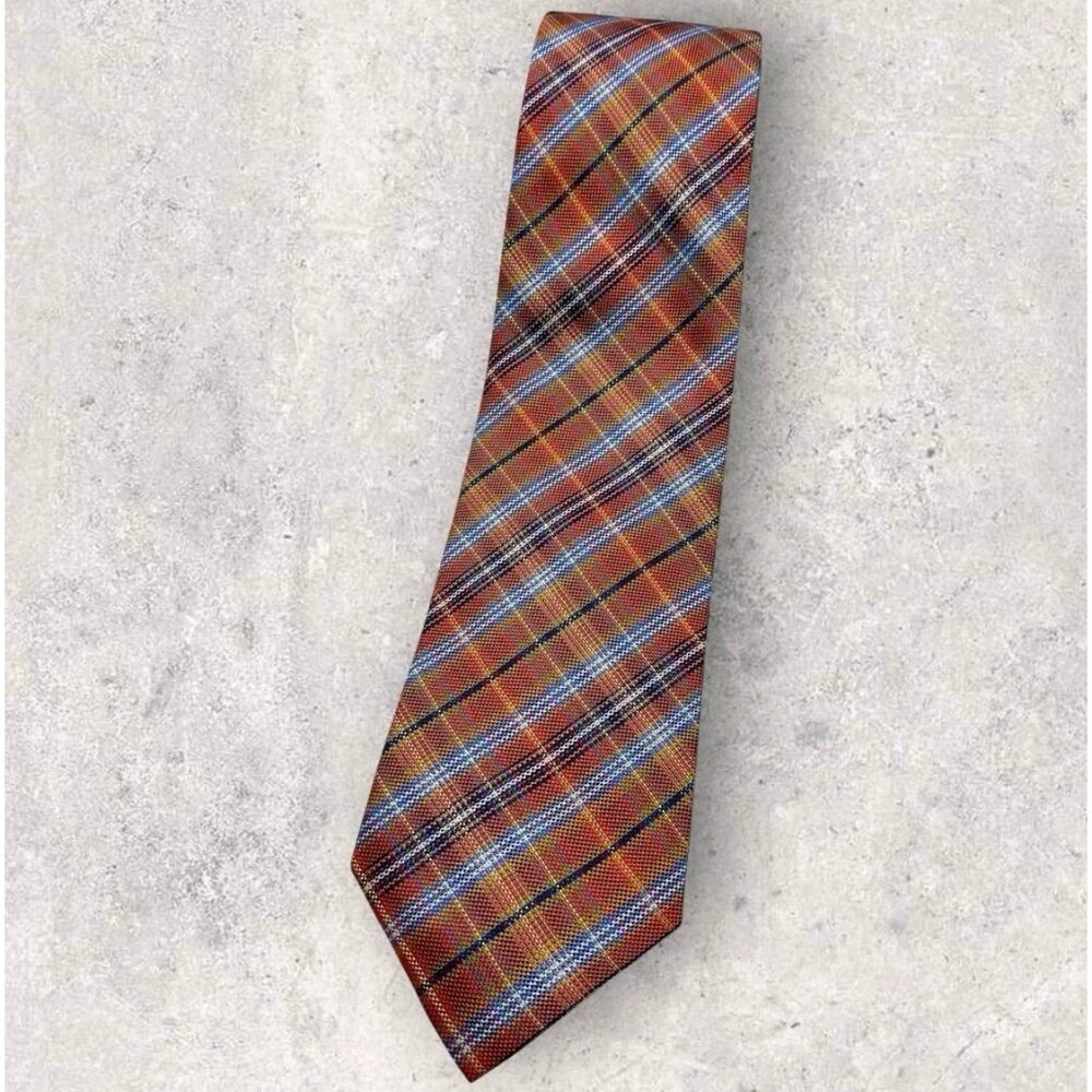 MAYBACH 7fold Silk Tie XL Orange Blue Tartan W:3" EUC